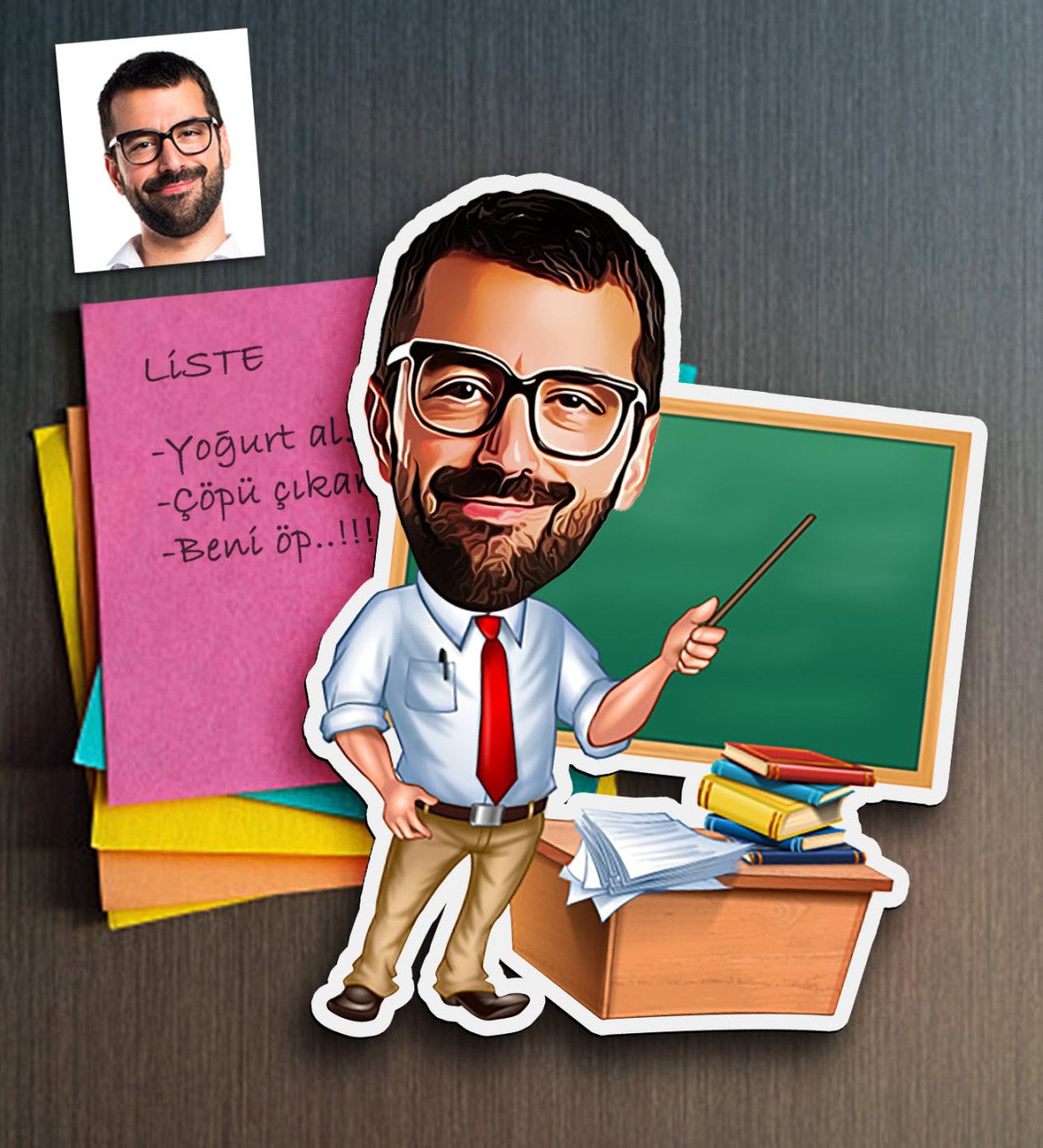 Kişiye Özel Bay Öğretmen Karikatürlü Ahşap Magnet-1