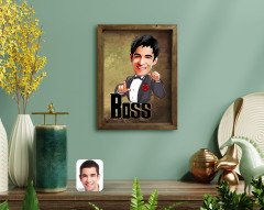 Kişiye Özel Boss Karikatürlü Doğal Masif Ahşap Çerçeveli Tablo 45x65cm-2