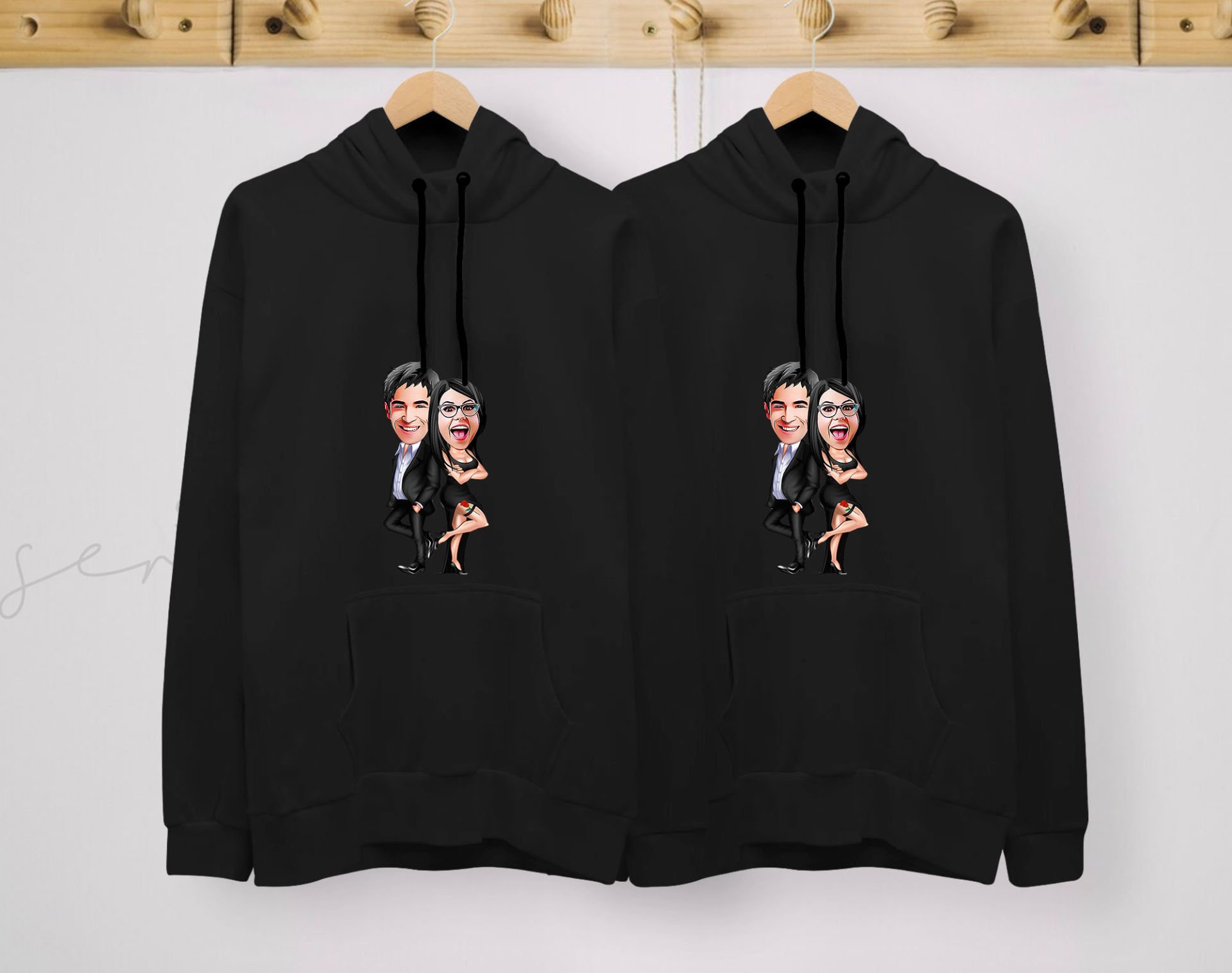 BK Gift Kişiye Özel Sevgililer Karikatürlü İkili Siyah Sweatshirt Seti, Sevgililer Hediye, Çift Hediyesi, Yıl Dönümü Hediyesi, Kişiye Özel Sweatshirt-6