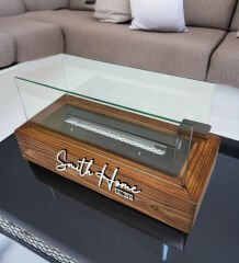 BK Gift Kişiye Özel Ahşap Meşe Rengi Masa Üstü Şömine Sertifikalı Yakıt Ve Dekoratif Taş Hediyeli