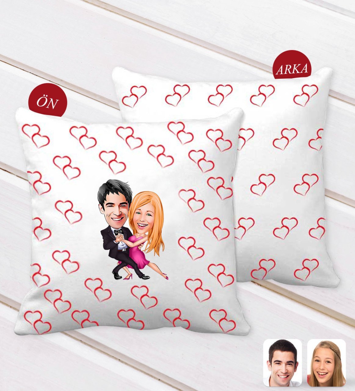 Kişiye Özel Sevgililer Karikatürlü Çift Kalp Desenli Dekoratif Kırlent Yastık-13