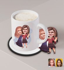 Kişiye Özel Kız Kardeşler Karikatürlü Beyaz Kupa ve Ahşap Bardak Altlığı Hediye Seti-6