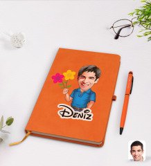 Kişiye Özel Erkek Karikatürlü Turuncu Termo Deri Defter Kalem Seti Model 1