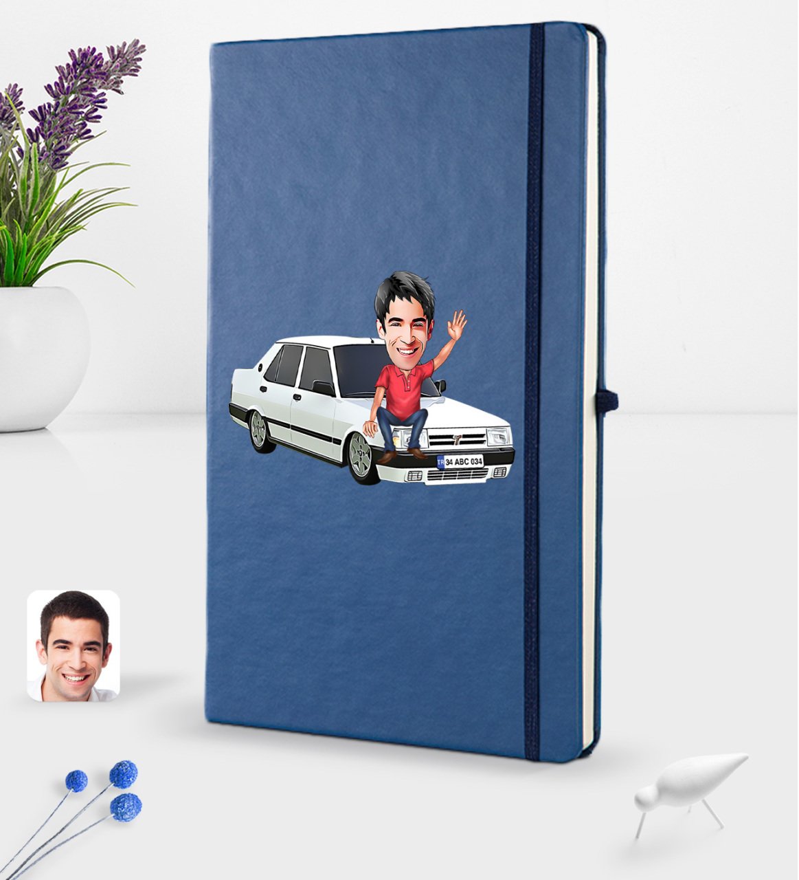 Kişiye Özel Plakalı Erkek Tofaş Doğan SLX Karikatürlü Lacivert Termo Deri Defter 16x24cm Model 1
