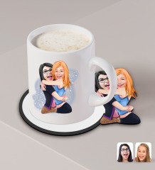 Kişiye Özel Kız Kardeşler Karikatürlü Beyaz Kupa ve Ahşap Bardak Altlığı Hediye Seti-10