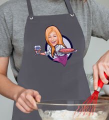 BK Gift Kişiye Özel Kadın Garson Karikatürlü Profesyonel Antrasit Mutfak Önlüğü, Aşçı Önlüğü, Şef Önlüğü, Arkadaşa Hediye-1