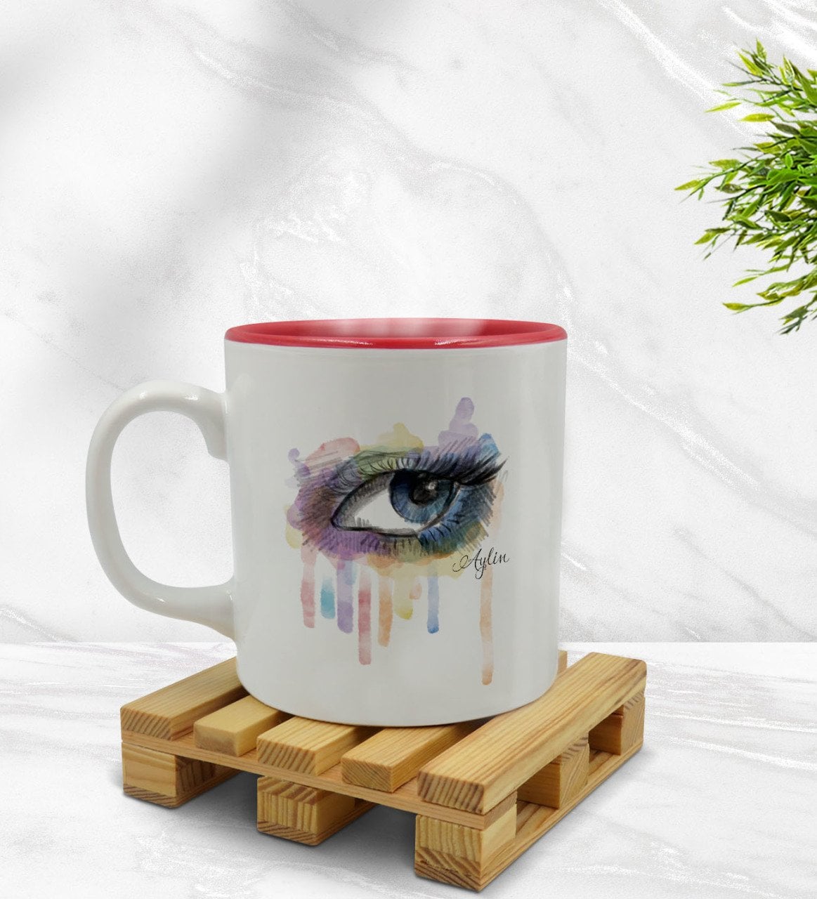 Kişiye Özel Suluboya Göz Tasarımlı İçi Kırmızı Renkli Kupa Bardak Model 1