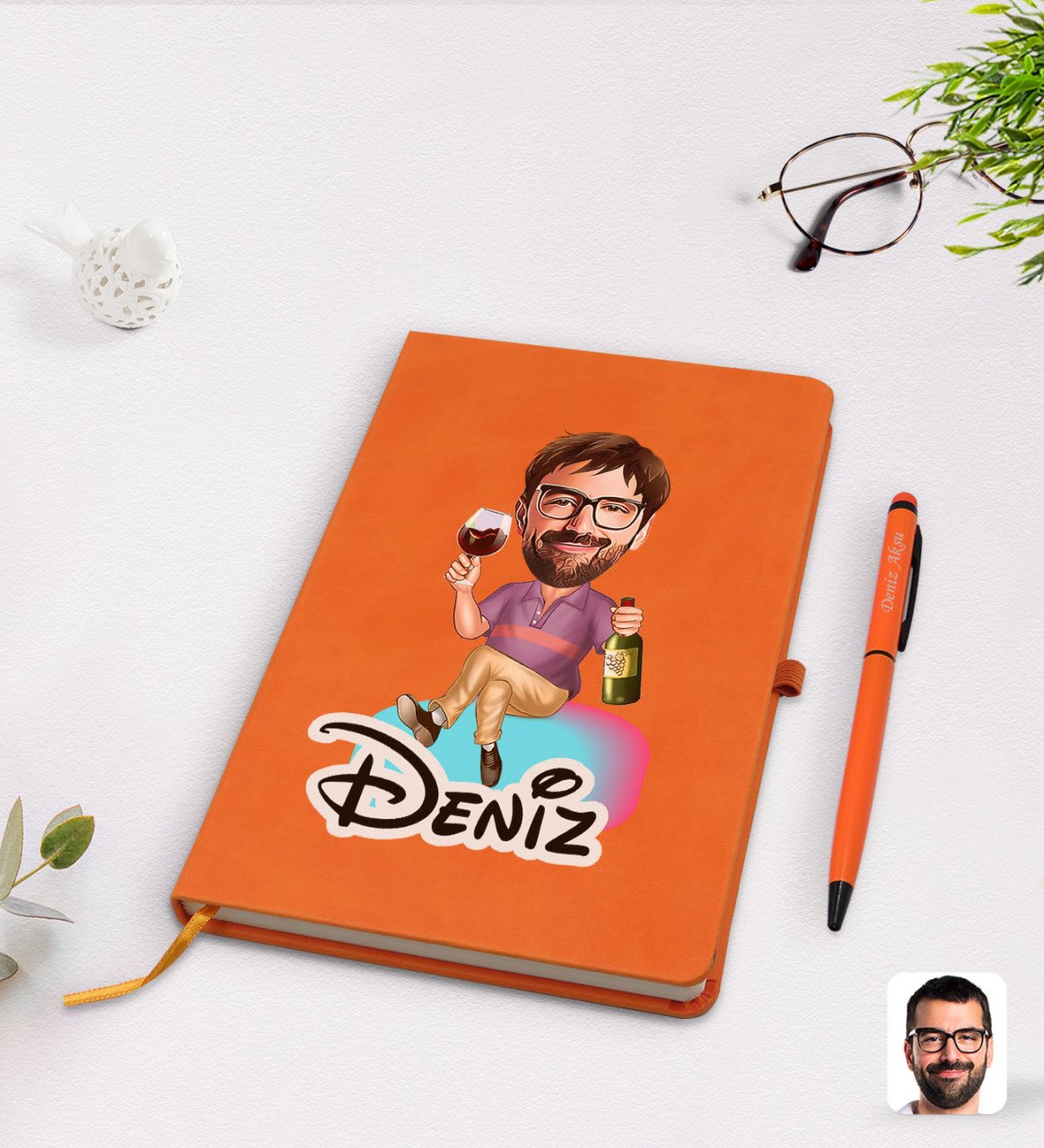 Kişiye Özel Erkek Karikatürlü Turuncu Termo Deri Defter Kalem Seti Model 2