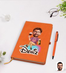 Kişiye Özel Erkek Karikatürlü Turuncu Termo Deri Defter Kalem Seti Model 2