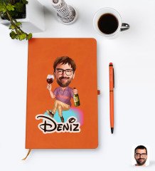 Kişiye Özel Erkek Karikatürlü Turuncu Termo Deri Defter Kalem Seti Model 2