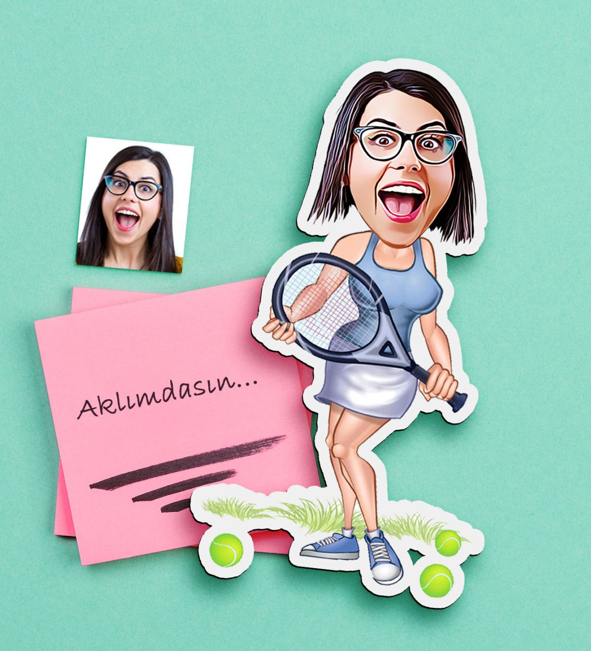 Kişiye Özel Bayan Tenis Oyuncusu Karikatürlü Ahşap Magnet