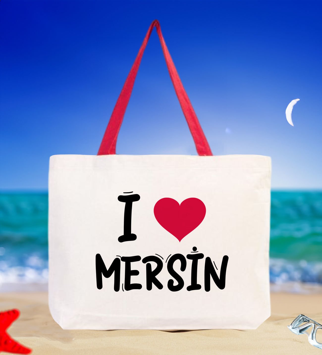 BK Gift I Love Mersin Kırmızı Renkli Kulp Kanvas Plaj Çantası 48x40m, Baskılı Omuz Çantası, Alışveriş Çantası