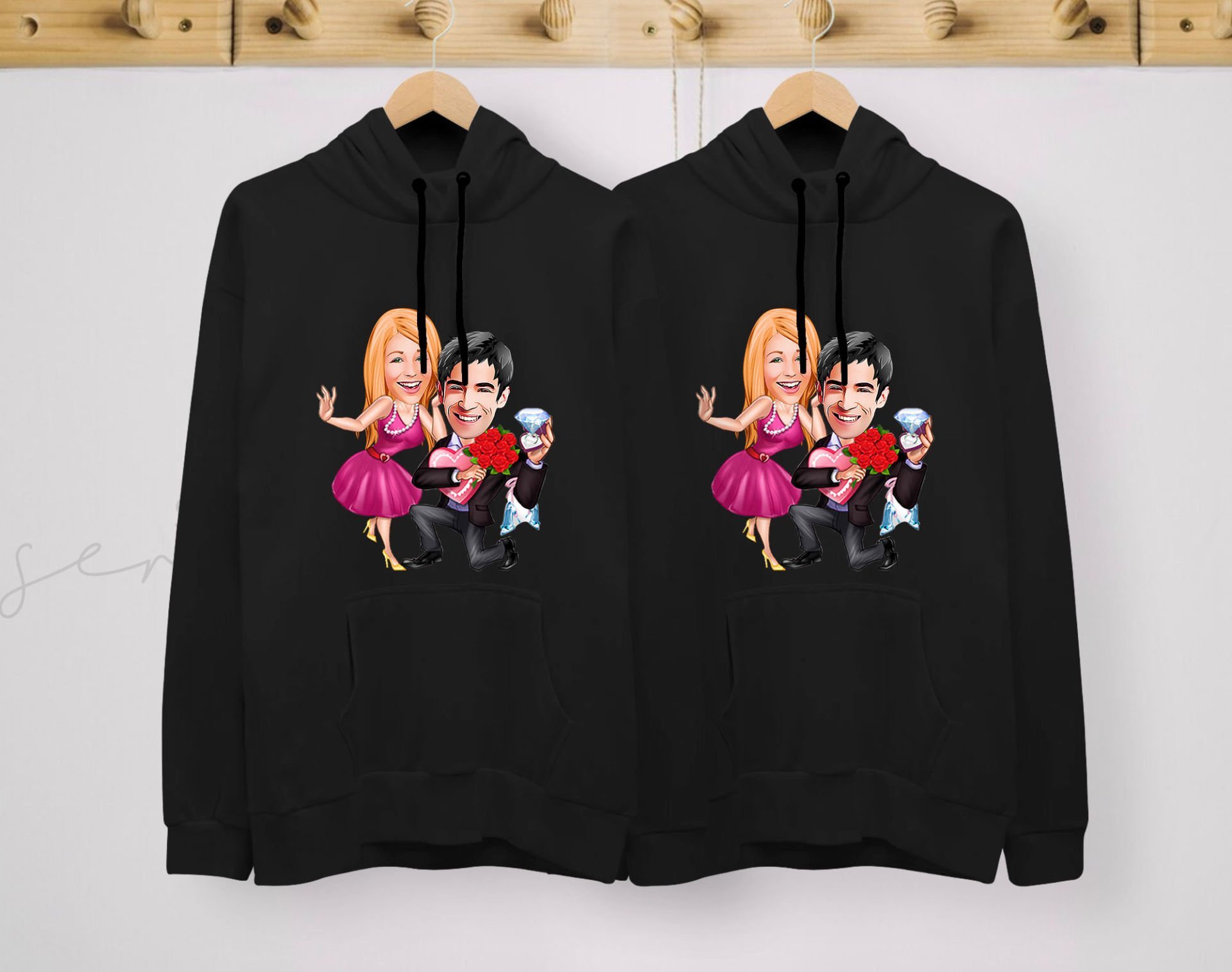 BK Gift Kişiye Özel Sevgililer Karikatürlü İkili Siyah Sweatshirt Seti, Sevgililer Hediye, Çift Hediyesi, Yıl Dönümü Hediyesi, Kişiye Özel Sweatshirt-8