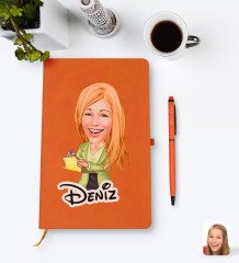 Kişiye Özel Kadın Asistan Karikatürlü Turuncu Termo Deri Defter Kalem Seti Model 2