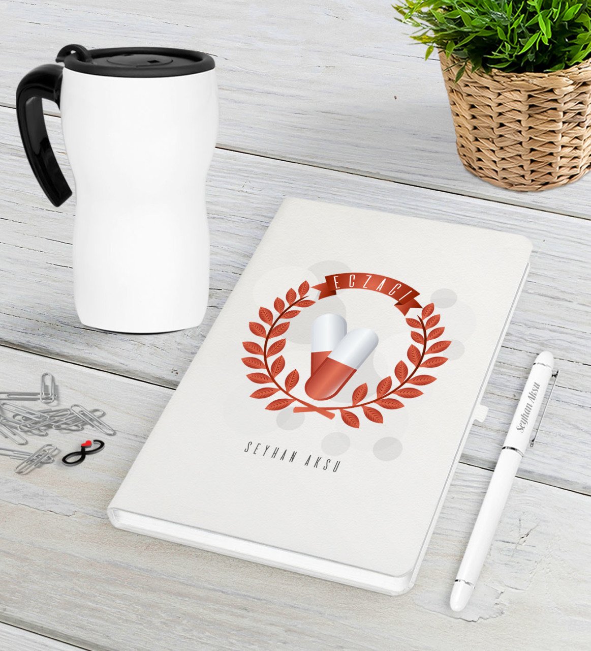 Kişiye Özel Eczacı Beyaz Defter Kalem Termos Mug Seti-9