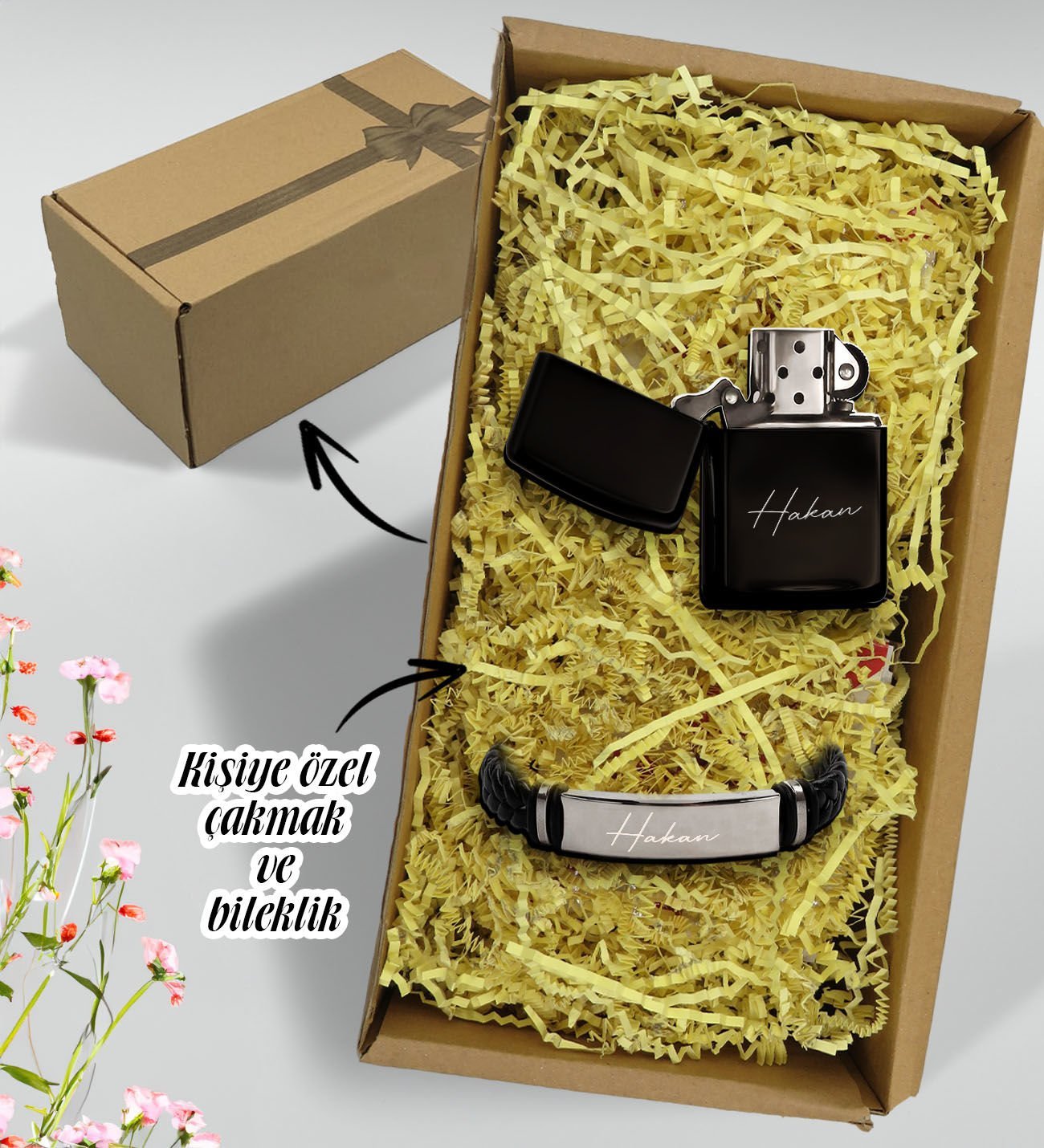 BK Gift Hediye Kutulu Kişiye Özel İsimli Benzinli Çakmak ve Çelik Deri Örme Metal Erkek Bileklik Hediye Seti, Sevgiliye Hediye, Erkek Aksesuar Hediyeleri