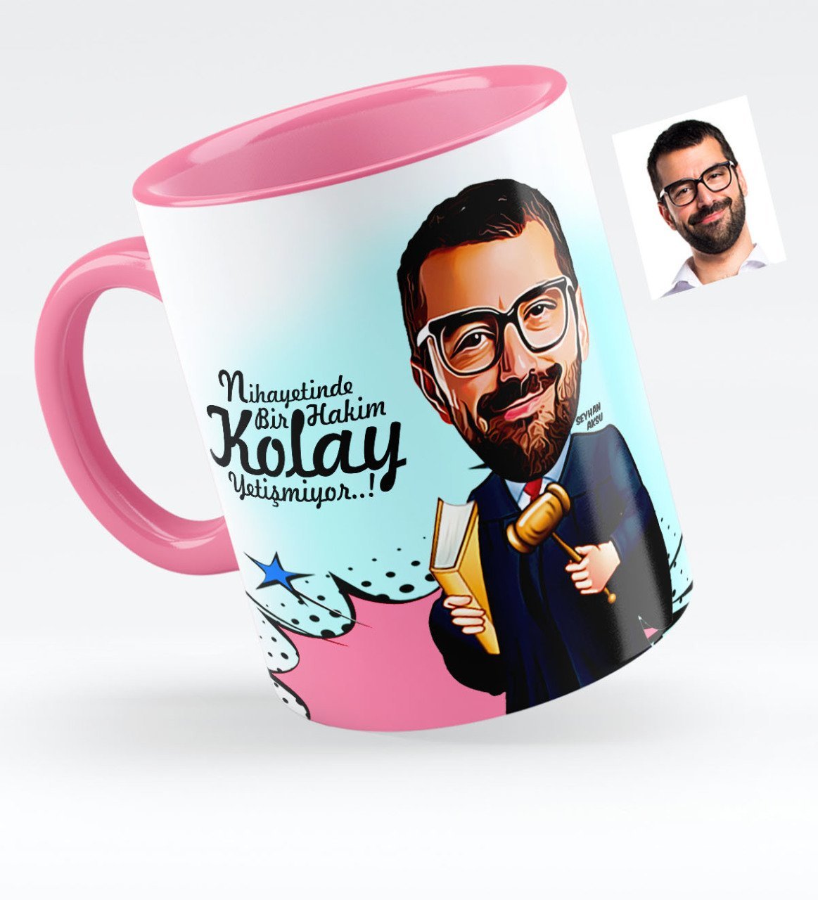 Kişiye Özel Bay Hakim Karikatürlü Pembe Kupa Bardak - 1