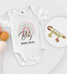 BK Kids Kişiye Özel Baby Tasarımlı Beyaz Bebek Body Zıbın ve Kız Bebek İğnesi Hediye Seti-1