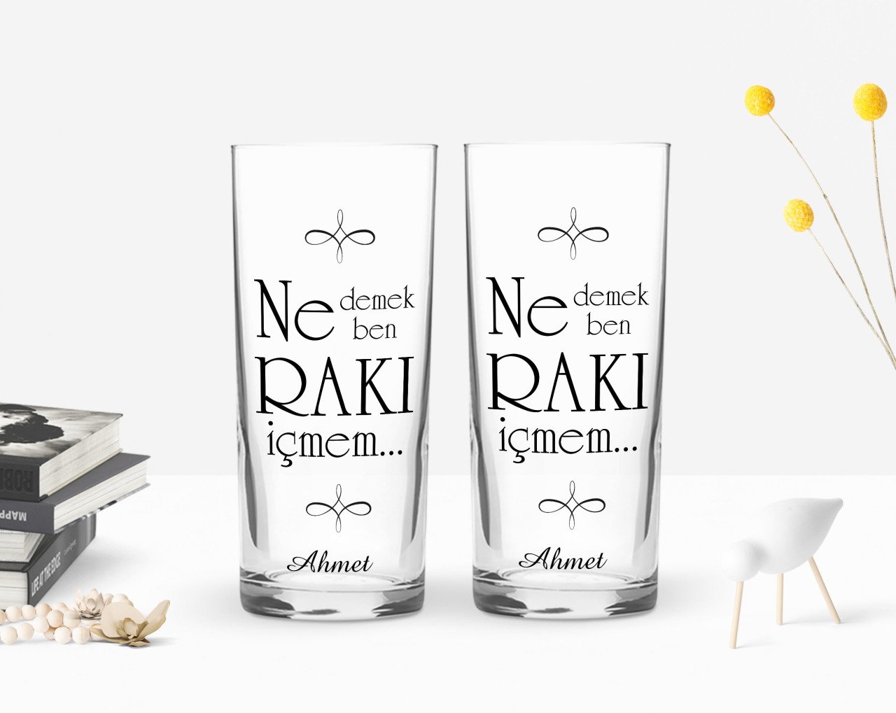 Kişiye Özel Renkli Baskılı Ne Demek Ben Rakı İçmem Tasarımlı İkili Rakı Bardağı Seti-1