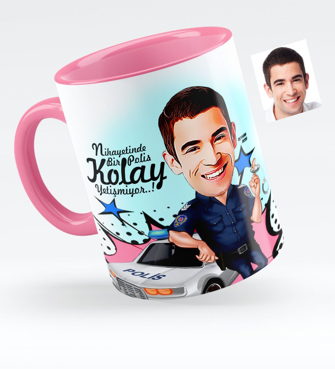 Kişiye Özel Bay Polis Karikatürlü Pembe Kupa Bardak - 5