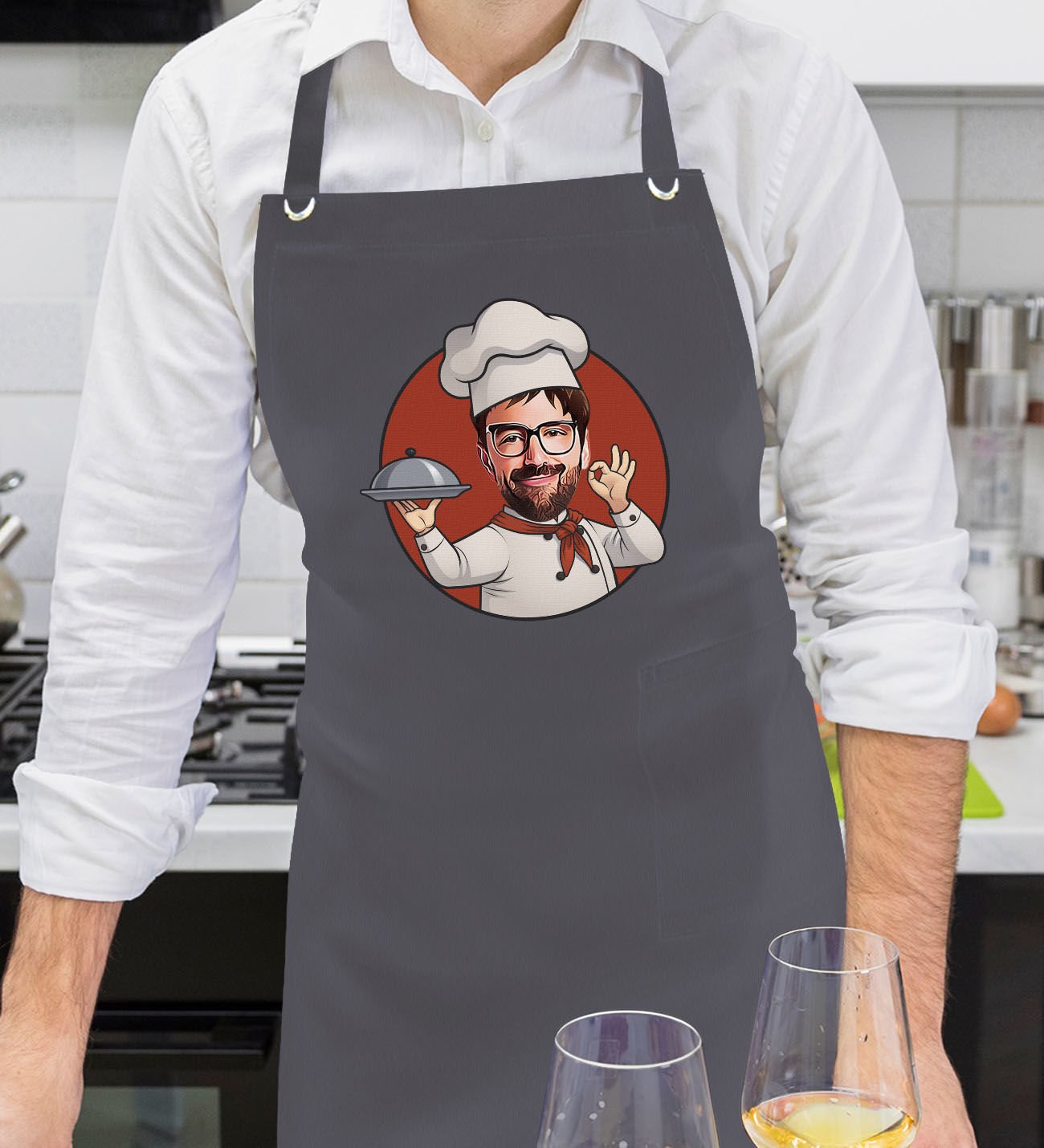 BK Gift Kişiye Özel Erkek Chef Karikatürlü Profesyonel Antrasit Mutfak Önlüğü, Aşçı Önlüğü, Şef Önlüğü, Arkadaşa Hediye-2