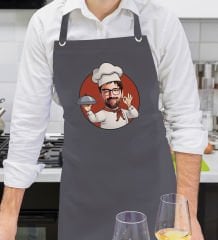BK Gift Kişiye Özel Erkek Chef Karikatürlü Profesyonel Antrasit Mutfak Önlüğü, Aşçı Önlüğü, Şef Önlüğü, Arkadaşa Hediye-2