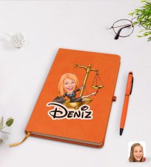 Kişiye Özel Kadın Avukat Karikatürlü Turuncu Termo Deri Defter Kalem Seti Model 4