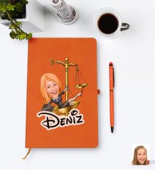 Kişiye Özel Kadın Avukat Karikatürlü Turuncu Termo Deri Defter Kalem Seti Model 4