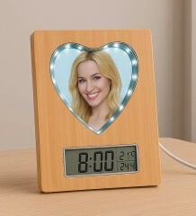 BK Gift Kişiye Özel Fotoğraflı Led Işıklı Kapli Sihirli Ayna Bambu Saat Takvim Çerçeve, Ev Hediyesi, Arkadaşa Hediye, Sevgiliye Hediye