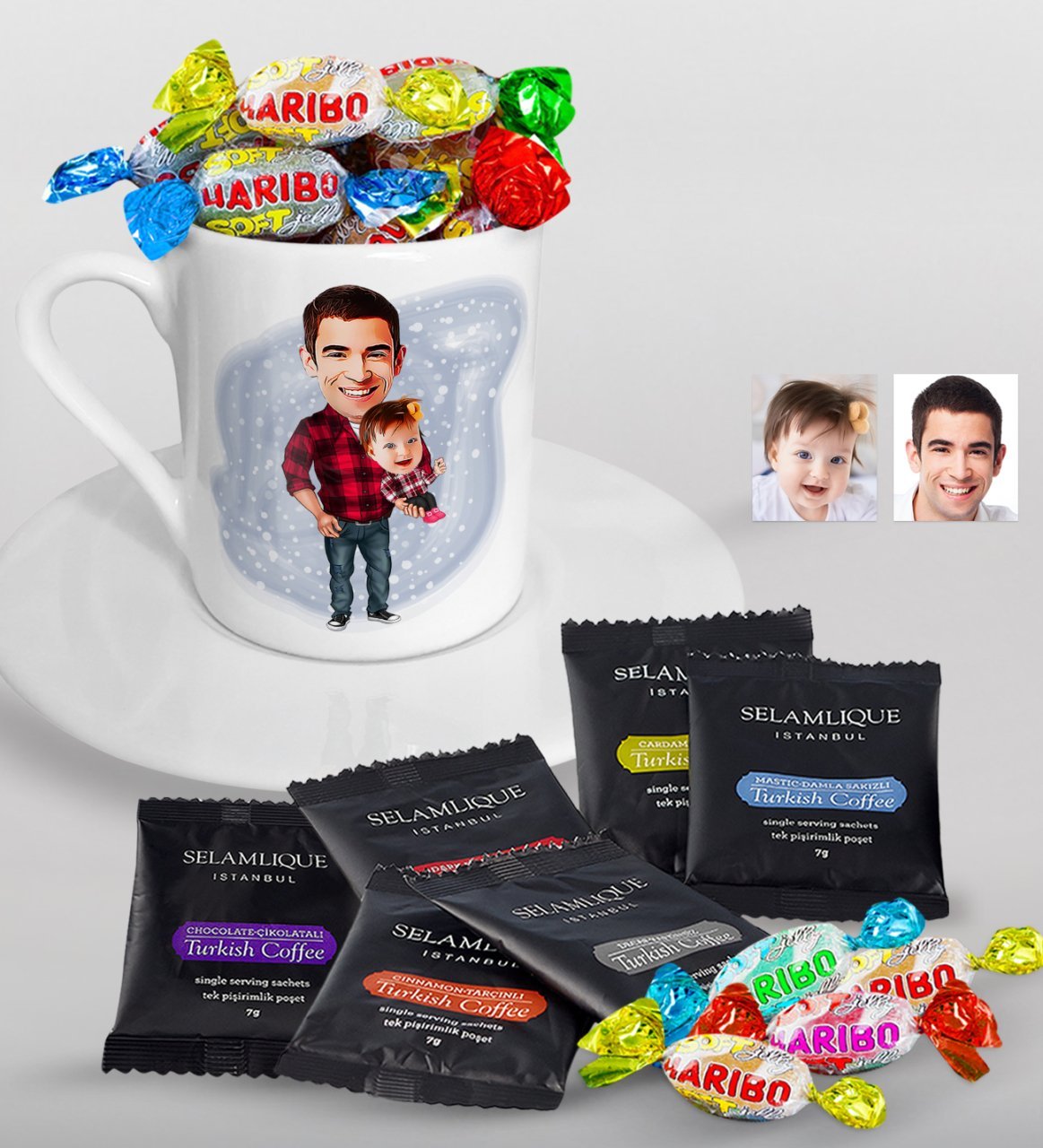 Kişiye Özel Baba Kız Karikatürlü Türk Kahvesi Fincanı Selamlique Karışık Türk Kahvesi ve Haribo Şeker Hediye Seti-2