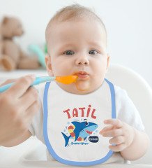 BK Kids Kişiye Özel Tatil Zamanı Tasarımlı Mavi Bebek Body Zıbın ve Mama Önlüğü Hediye Seti
