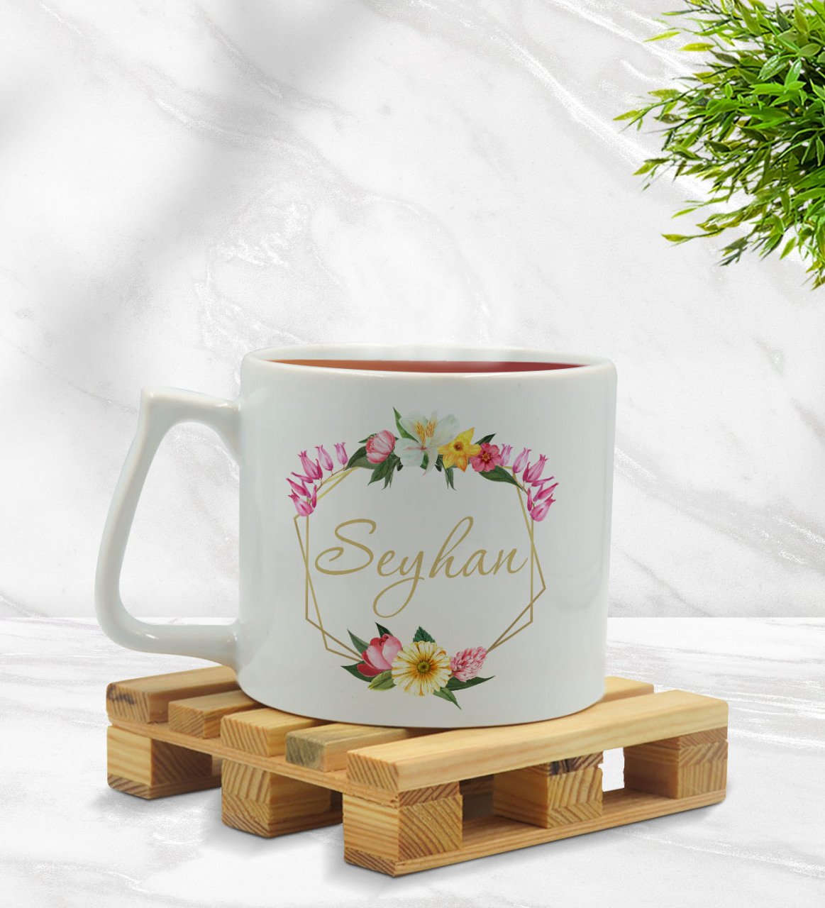 Kişiye Özel Çiçek Tasarımlı Middle Beyaz Kupa Bardak Model 9