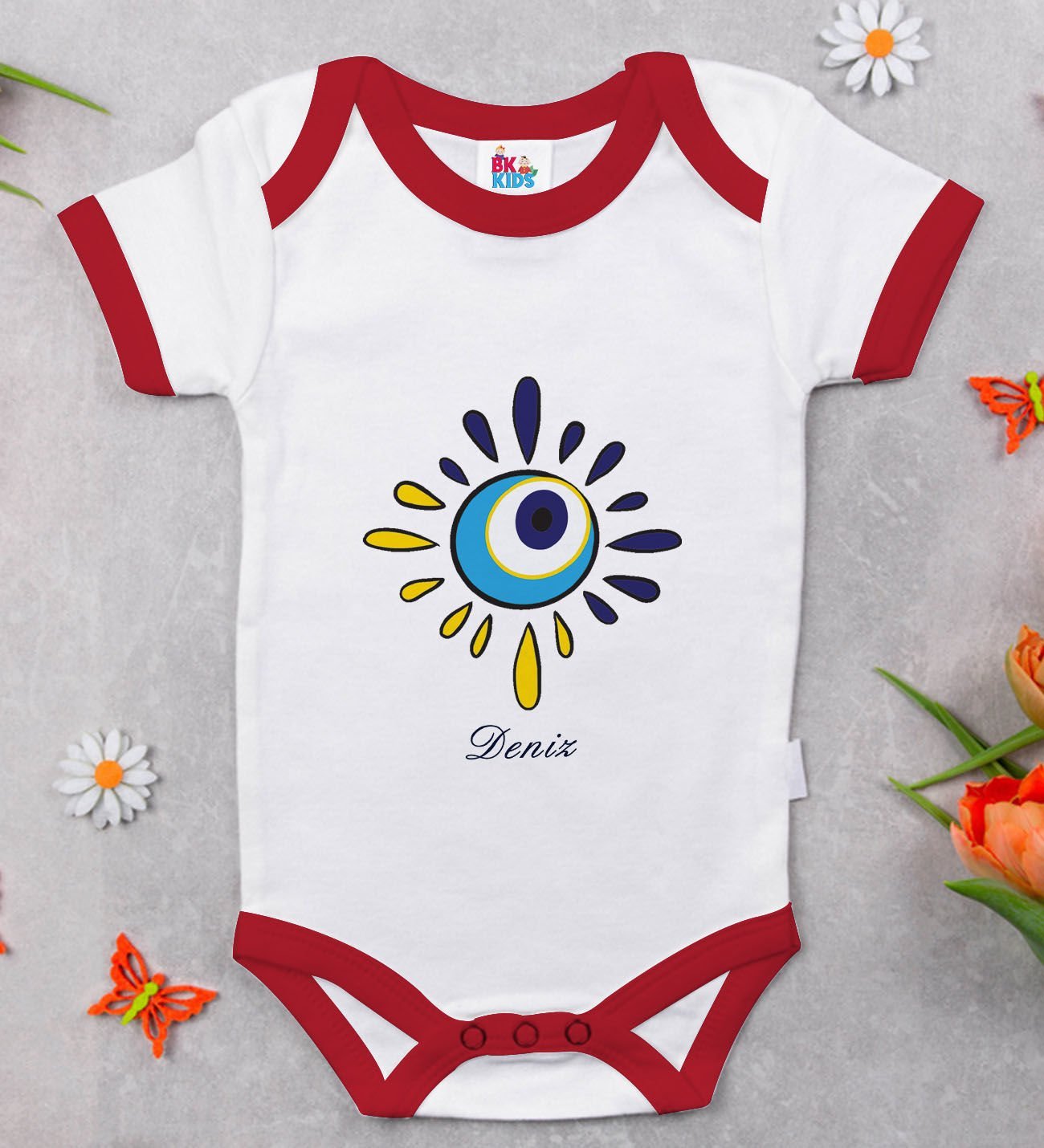 BK Kids Kişiye Özel Nazar Boncuğu Tasarımlı Kırmızı Bebek Body Zıbın-4 9-12 Ay