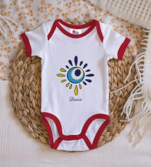 BK Kids Kişiye Özel Nazar Boncuğu Tasarımlı Kırmızı Bebek Body Zıbın-4 9-12 Ay