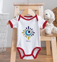 BK Kids Kişiye Özel Nazar Boncuğu Tasarımlı Kırmızı Bebek Body Zıbın-4 9-12 Ay