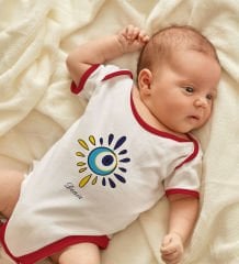 BK Kids Kişiye Özel Nazar Boncuğu Tasarımlı Kırmızı Bebek Body Zıbın-4 9-12 Ay