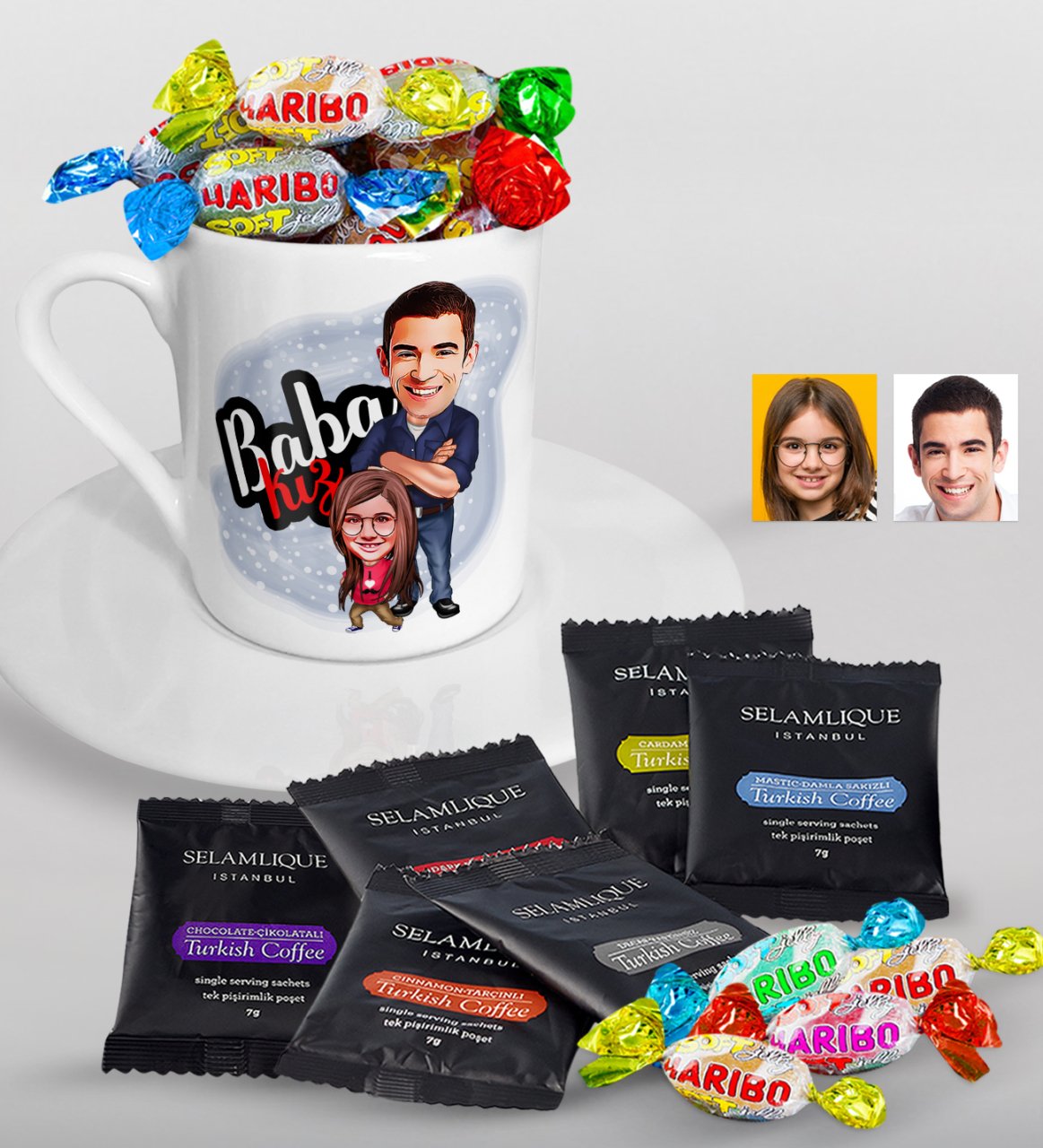 Kişiye Özel Baba Kız Karikatürlü Türk Kahvesi Fincanı Selamlique Karışık Türk Kahvesi ve Haribo Şeker Hediye Seti-3