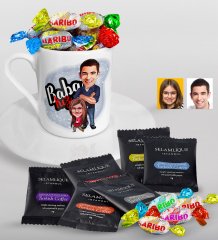 Kişiye Özel Baba Kız Karikatürlü Türk Kahvesi Fincanı Selamlique Karışık Türk Kahvesi ve Haribo Şeker Hediye Seti-3