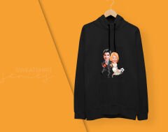 BK Gift Kişiye Özel Sevgililer Karikatürlü İkili Siyah Sweatshirt Seti, Sevgililer Hediye, Çift Hediyesi, Yıl Dönümü Hediyesi, Kişiye Özel Sweatshirt-12