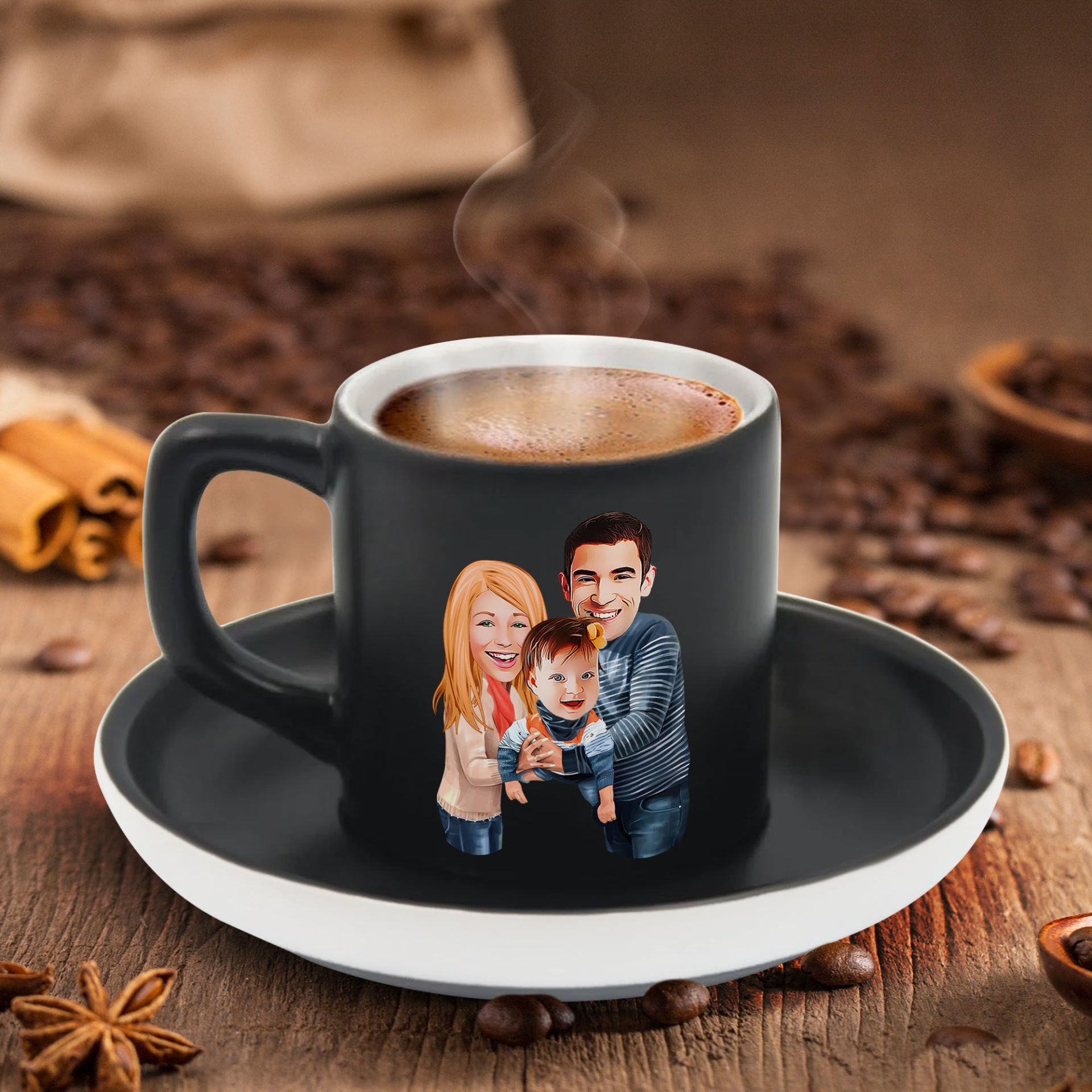 BK Gift Kişiye Özel Aile Karikatürlü Siyah Renk Türk Kahvesi Fincanı-2, Arkadaşa Hediye, Aileye Hediye, Yıl Dönümü Hediyesi