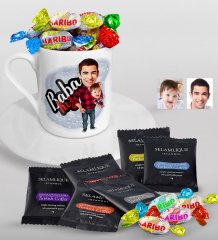 Kişiye Özel Baba Kız Karikatürlü Türk Kahvesi Fincanı Selamlique Karışık Türk Kahvesi ve Haribo Şeker Hediye Seti-4