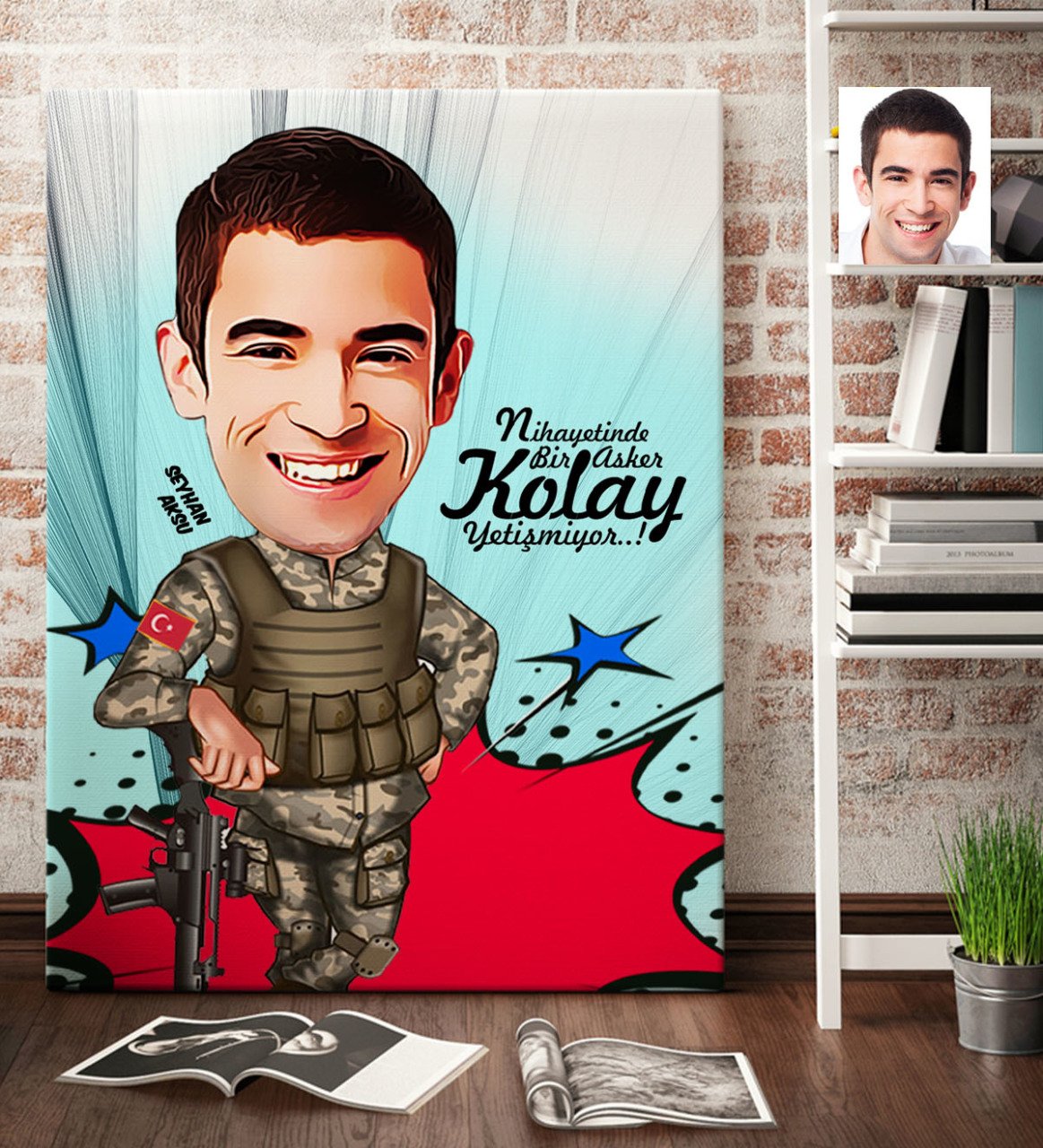Kişiye Özel Asker Karikatürlü Kanvas Tablo (70 x 100 cm.) 2