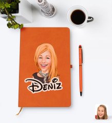 Kişiye Özel Kadın Karikatürlü Turuncu Termo Deri Defter Kalem Seti Model 75