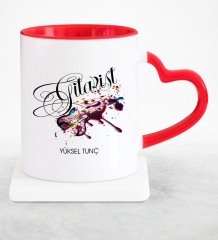 Kişiye Özel Mesleki Gitarist Kırmızı Kalpli Kupa Bardak - 2