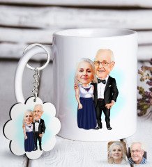 Kişiye Özel Büyükbaba ve Büyükanne Karikatürlü Beyaz Kupa ve Anahtarlık Hediye Seti-1
