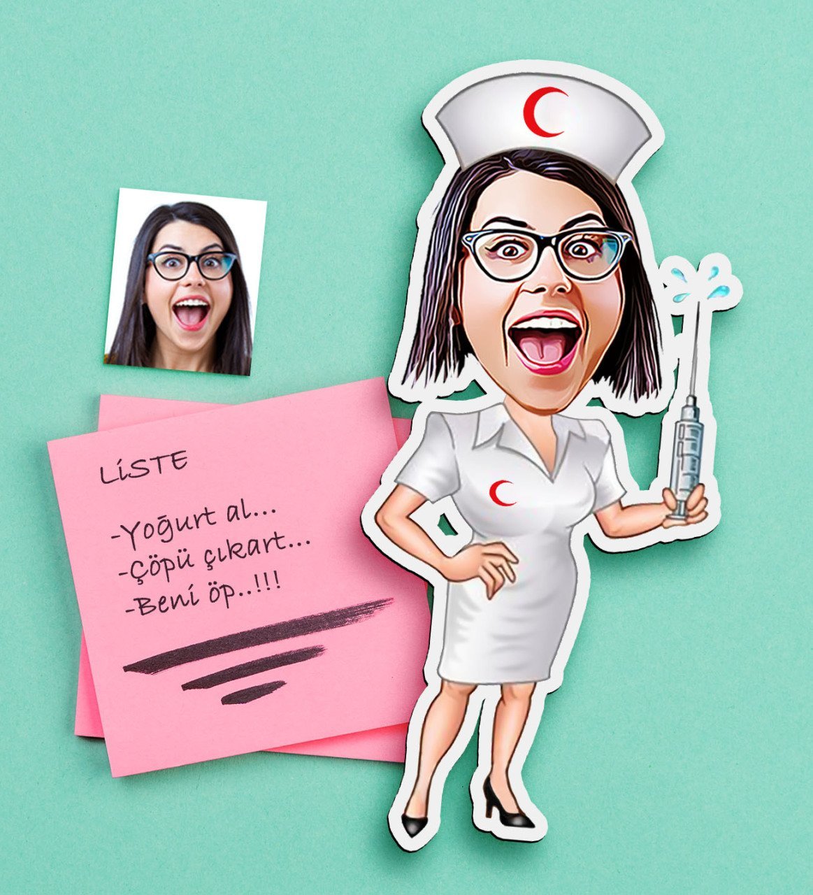 Kişiye Özel Hemşire Karikatürlü Ahşap Magnet