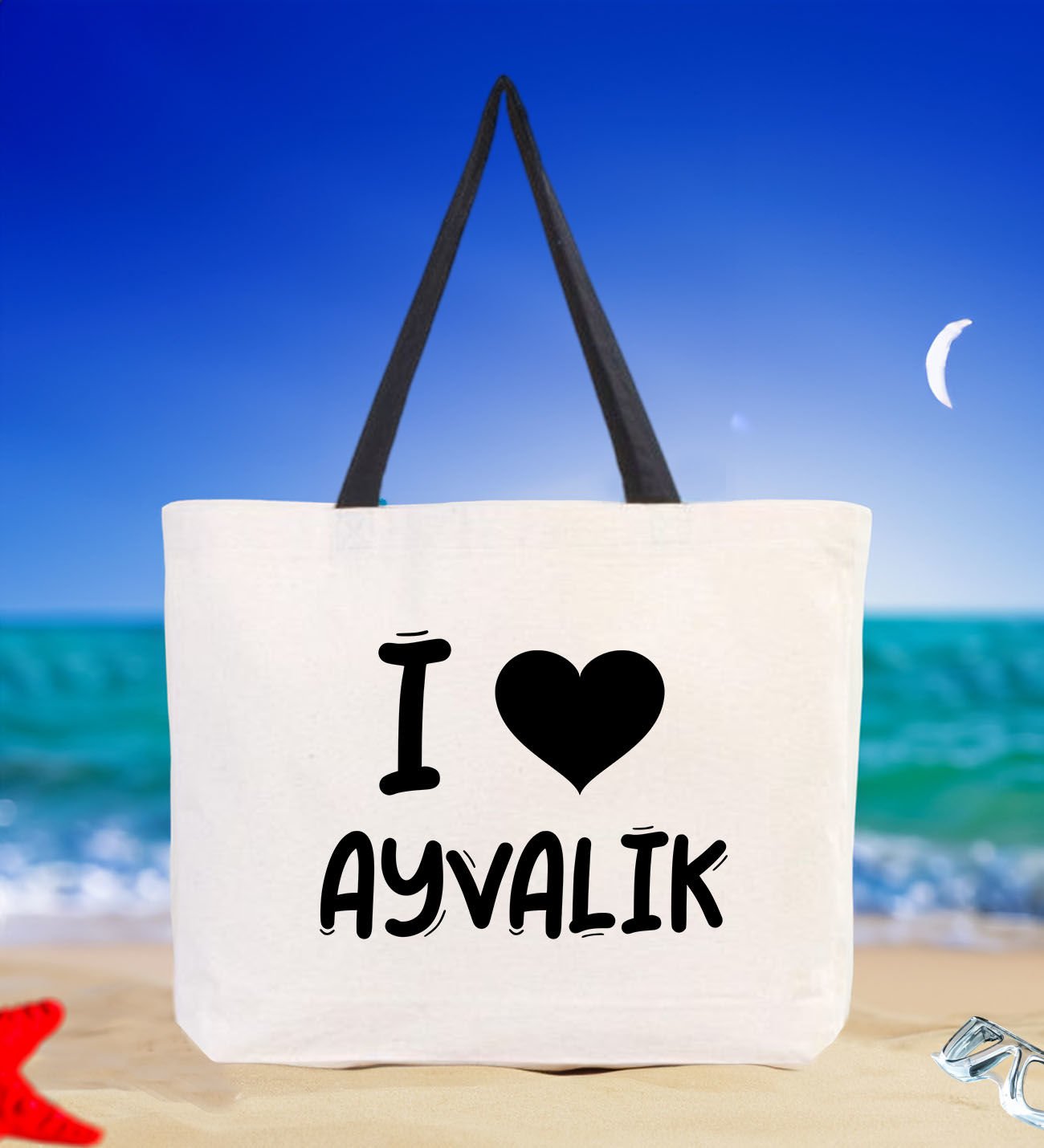 BK Gift I Love Ayvalık Siyah Renkli Kulp Kanvas Plaj Çantası 48x40m, Baskılı Omuz Çantası, Alışveriş Çantası