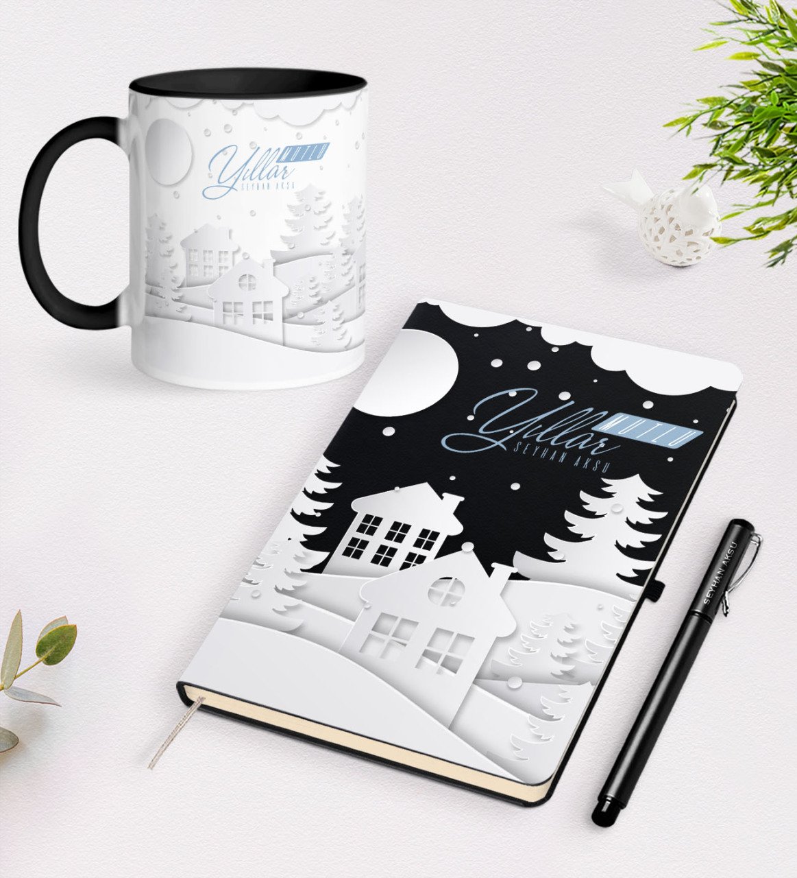 Kişiye Özel Yılbaşı Mutlu Yıllar Siyah Defter Kalem ve Kupa Seti-23