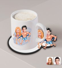 Kişiye Özel Sevgililer Karikatürlü Beyaz Kupa ve Ahşap Bardak Altlığı Hediye Seti-8