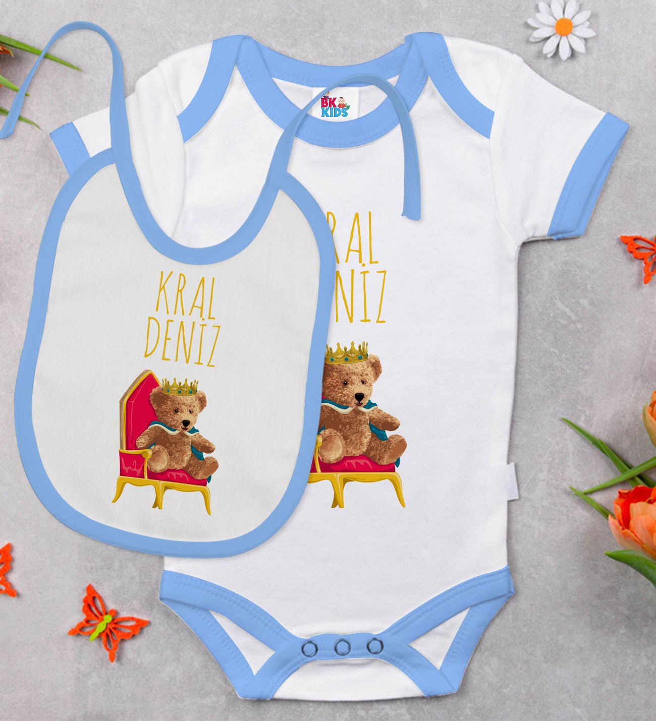 BK Kids Kişiye Özel Kral Tasarımlı Mavi Bebek Body Zıbın ve Mama Önlüğü Hediye Seti